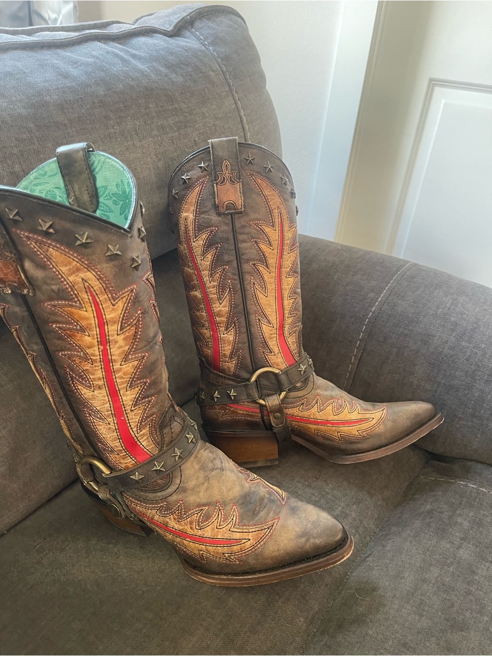 Distressed Brown Leather Western Heeled Boots with Red Inlay